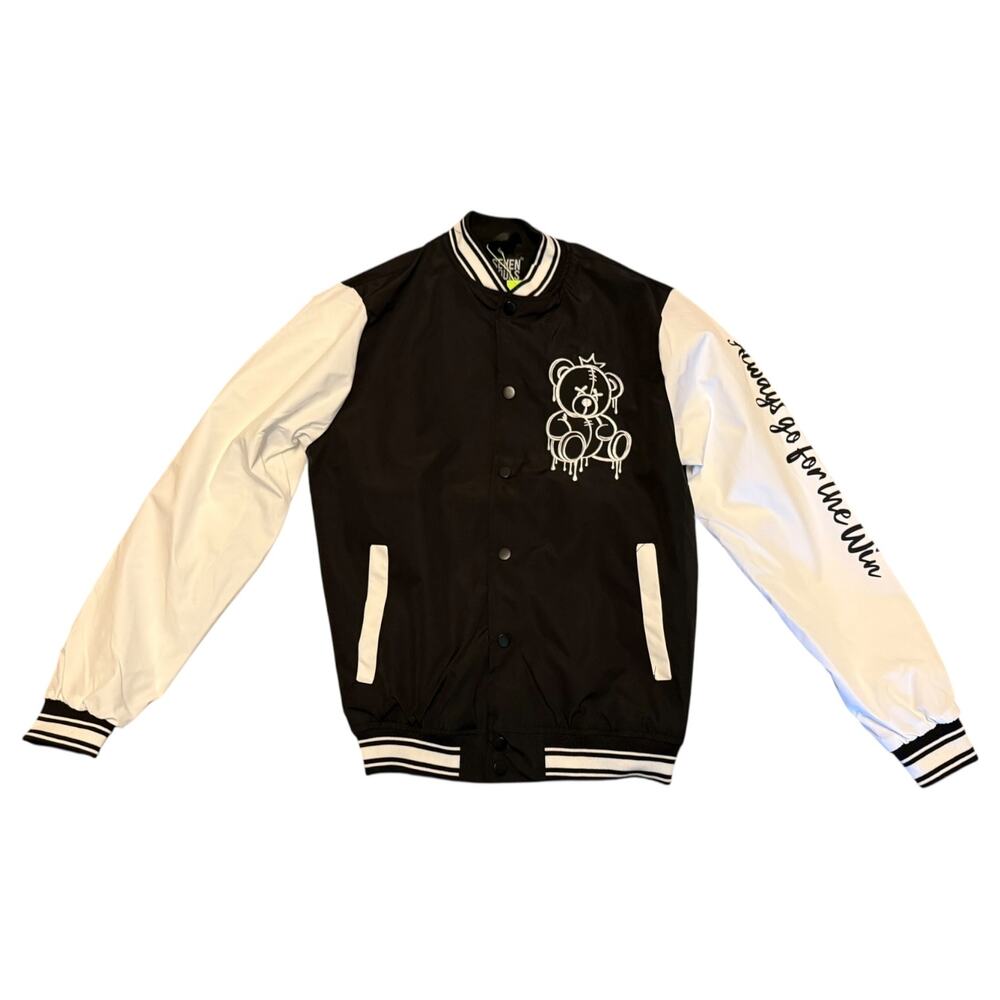 Seven Souls Black White Street King Teddy Bear Bomber Jacket Size 14/16